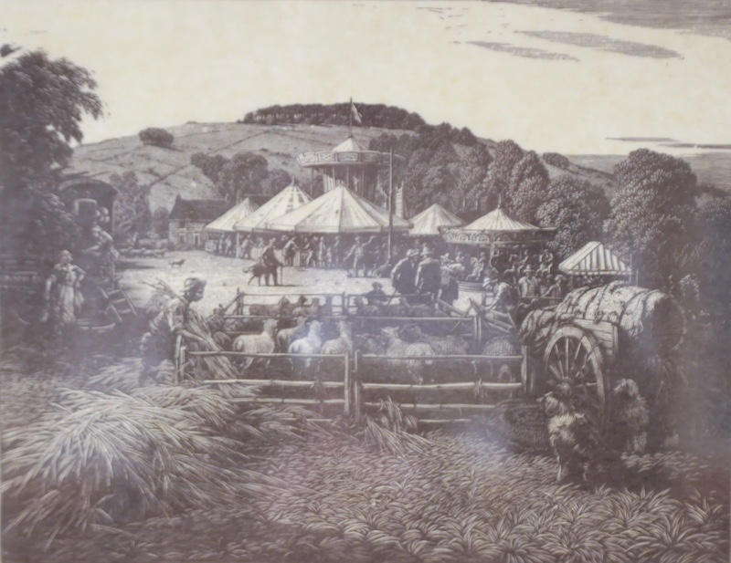 Charles W Taylor (1878-1960), wood engraving, ‘Findon sheep fair’, monogrammed in the plate, 24 x 30cm. Condition - fair to good